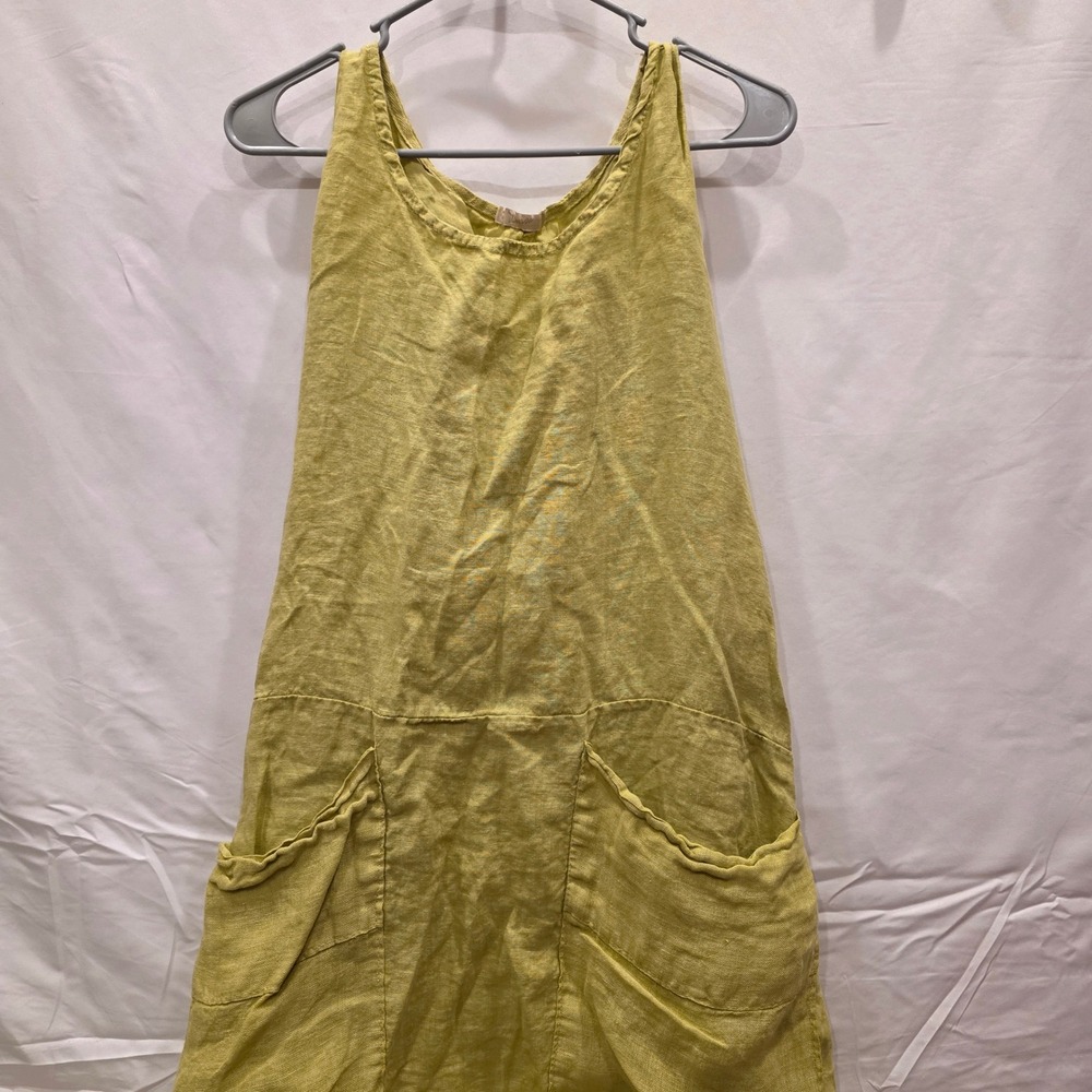 Diverso Italy 100% Linen Lagenlook Pinafore Chartreuse Green Button Tie Back
